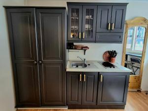 a kitchen with black cabinets and a sink at Bitihorn in Beitostøl