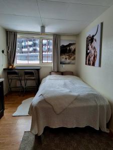 a bedroom with a bed and a desk and a window at Bitihorn in Beitostøl
