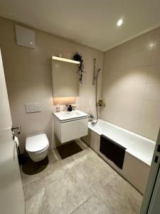 a bathroom with a toilet and a sink and a tub at Seeblick Wohnung in Wollishofen in Zurich