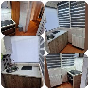 a collage of four pictures of a kitchen at ApartArena in Piteşti