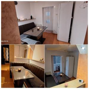 a kitchen and a living room with a couch and a refrigerator at ApartArena in Piteşti