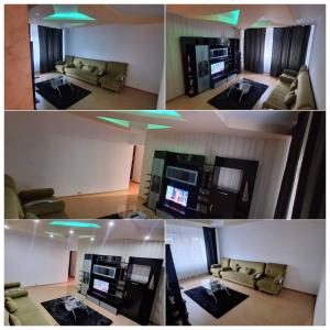 a collage of a living room with green lights at ApartArena in Piteşti