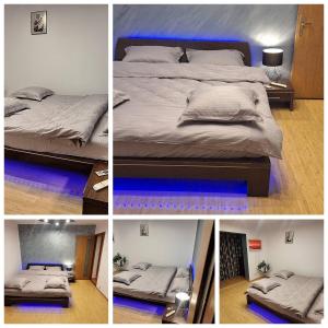 four different pictures of a bed in a room at ApartArena in Piteşti