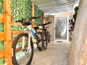 two bikes parked next to a wall with a door at Appartamento al volt in Tenno +23 photos
