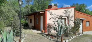 a small house in a garden next to a street light at Cabañas Tinku del Sol in Casa Grande