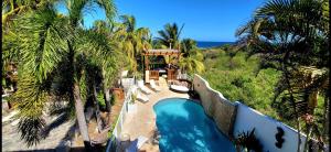 a resort swimming pool with palm trees and the ocean at Jobos Beach House - Steps from the beach! in Isabela