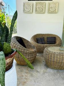 a group of three wicker chairs and a plant at Bliss Villa Central Kuta in Kuta Lombok