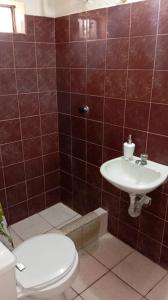 a bathroom with a toilet and a sink at Gardenias Suites Lite in Ibarra