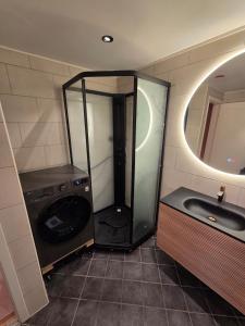 a bathroom with a shower and a sink and a mirror at Aurora Central Premium Apartment II, Bodø in Bodø