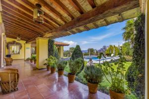 un patio esterno con piante in vaso e un soffitto in legno di Mirador del Frayle a San Miguel de Allende