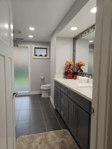 a bathroom with a sink and a toilet and a mirror at Star Lake Shores in Kent +27 photos