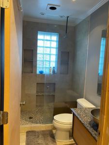 a bathroom with a toilet and a shower with a window at Flower Avenue Hosting - Private Suite with De Luxe King Size Bed - 77 per Night 1st guest - 59 2nd guest - 52 each third & 4th guests in Silver Spring