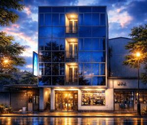 a large glass building with lights in front of it at Hotel Azulejo del Llano in Yopal
