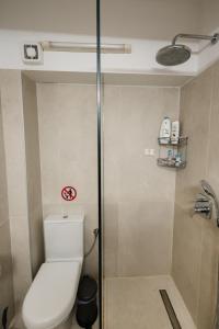 a small bathroom with a toilet and a shower at Bella Vista - Historic Centre -4th floor in Corfu +12 photos