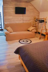 a living room with a couch and a flat screen tv at Casa Vanatorului Buzaiel in Vama Buzăului