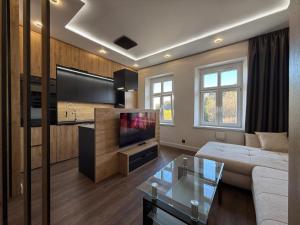 a living room with a couch and a tv at Apartament GreenHills 3 in Wałbrzych