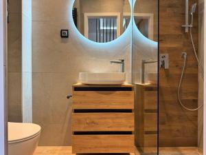 a bathroom with a sink and a mirror at Apartament GreenHills 3 in Wałbrzych +23 photos