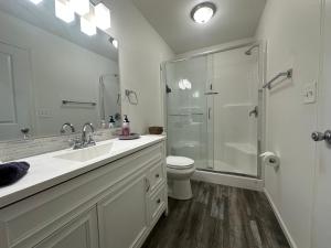 a bathroom with a shower and a sink and a toilet at Relaxing 3BR 2 En Suites, Bikes & Helmets in Sheridan