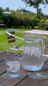 Ein Krug Wasser und zwei Gläser Wasser auf einem Tisch in der Unterkunft Antonius Hoeve in Oudenbosch