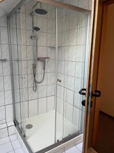 a shower with a glass door in a bathroom at Haus Panorama Sankt Andreasberg in Sankt Andreasberg +47 photos