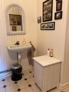 a bathroom with a sink and a mirror at Hen Stasjon Banevokterboligen in Hen +1 photo
