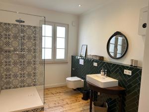 a bathroom with a shower and a toilet and a sink at Residenz Moselliebe Traben in Traben-Trarbach +27 photos