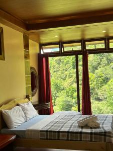 a bedroom with a bed and a large window at Banaue Greenfields Inn and Restaurant in Banaue