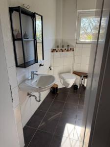 a bathroom with a sink and a toilet at Chalet Annemie in Mendig +13 photos