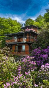 a house with a deck in the middle of flowers at Indra Village Hotel in Pazar