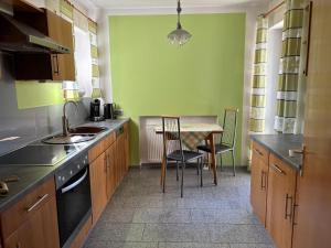 a kitchen with a table and a green wall at Ferienwohnung Waldliebe in Waldkirchen