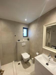 a bathroom with a toilet and a sink and a mirror at The Costa Suite byArtistunknown in Vari +5 photos