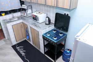 a small kitchen with a stove and a microwave at Gee Homes and Stays in Nyahururu