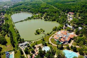 an aerial view of a house and a lake at Wendell Apartman in Nyíregyháza