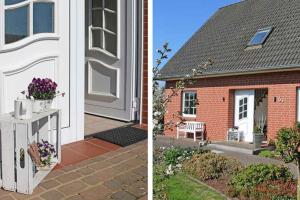 two pictures of a house with a white door at Ferienhaus Minners in Jork