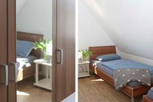 two pictures of a bedroom with a bed and a door at Ferienhaus Minners in Jork