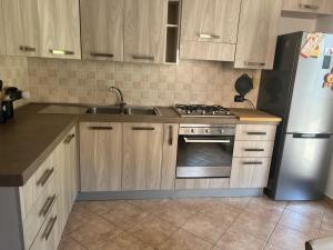 a kitchen with wooden cabinets and a stainless steel stove at Serenissima in Monfalcone