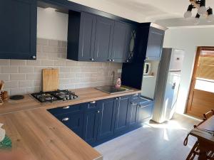 a kitchen with navy blue cabinets and a sink at Glam Boutique in Mangalia