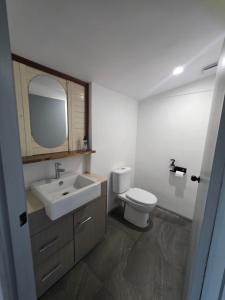 a bathroom with a sink and a toilet at Hideaway Falls Rustic Farm House in Ravenshoe