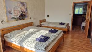 a bedroom with two beds with towels on them at MaMa Apartment in Seredʼ