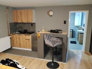 a kitchen with a counter and a chair in a room at Zen Lux in Zaječar