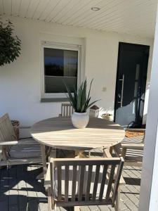 a wooden table with a potted plant on a patio at ZweiundMeer Bungalow 2 in Wiek auf Rügen
