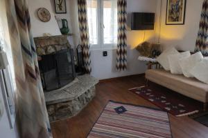 a living room with a couch and a fireplace at Villa Dorothy - Mountain View Retreat, Polydrosos in Delphi