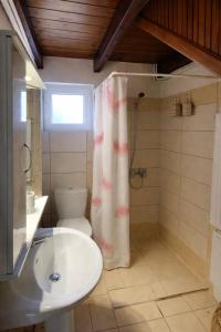 a bathroom with a sink and a toilet and a shower at Villa Dorothy - Mountain View Retreat, Polydrosos in Delphi +8 photos