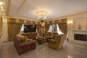 a living room with couches and a tv and a fireplace at Villa Visanty with Private Pool & Access to Beach in Aigosthena