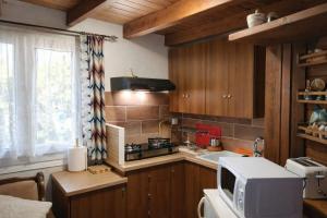 a small kitchen with a microwave and a stove at Villa Dorothy - Mountain View Retreat, Polydrosos in Delphi