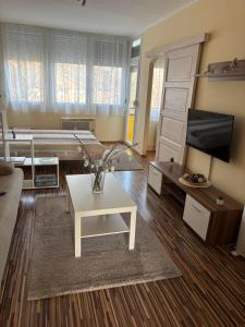a living room with a couch and a table at Zenora Apartman in Makó