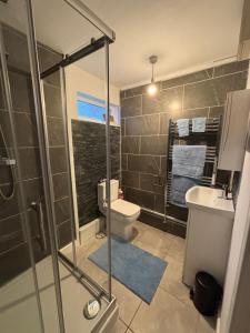a bathroom with a shower and a toilet and a sink at Neptune Nights in Pontnewynydd +9 photos