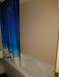 a bathroom with a tub and a blue shower curtain at Ground floor Studio Vila Verde in Prainha