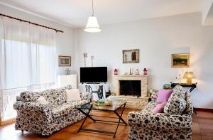 a living room with two couches and a fireplace at Zeusplace Lemon Villa in Korinos