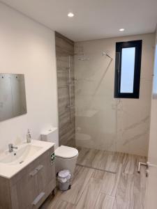 a bathroom with a toilet and a sink and a shower at The Barreto's Clive in Ponta do Sol +28 photos